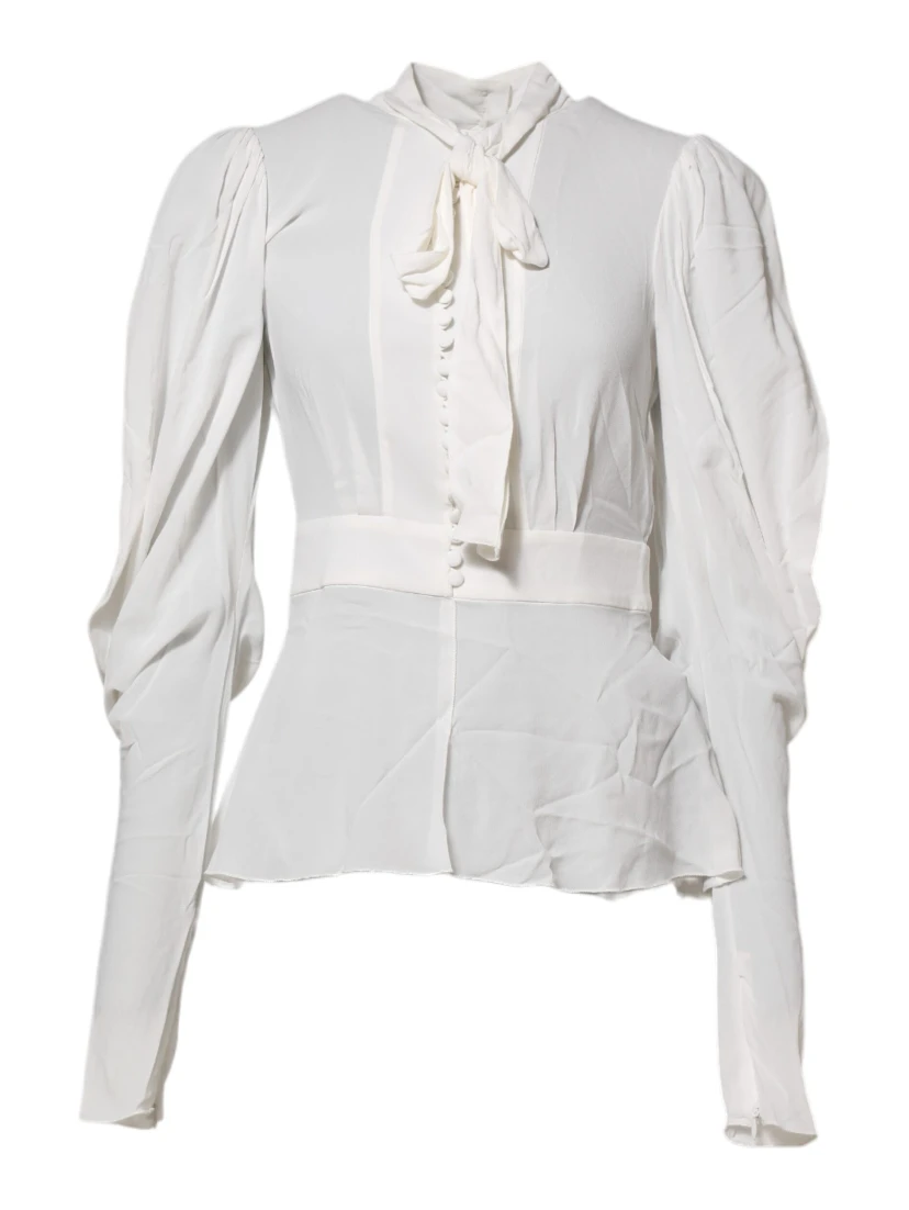 White Viscose Ascot Collar Long Sleeves Top
