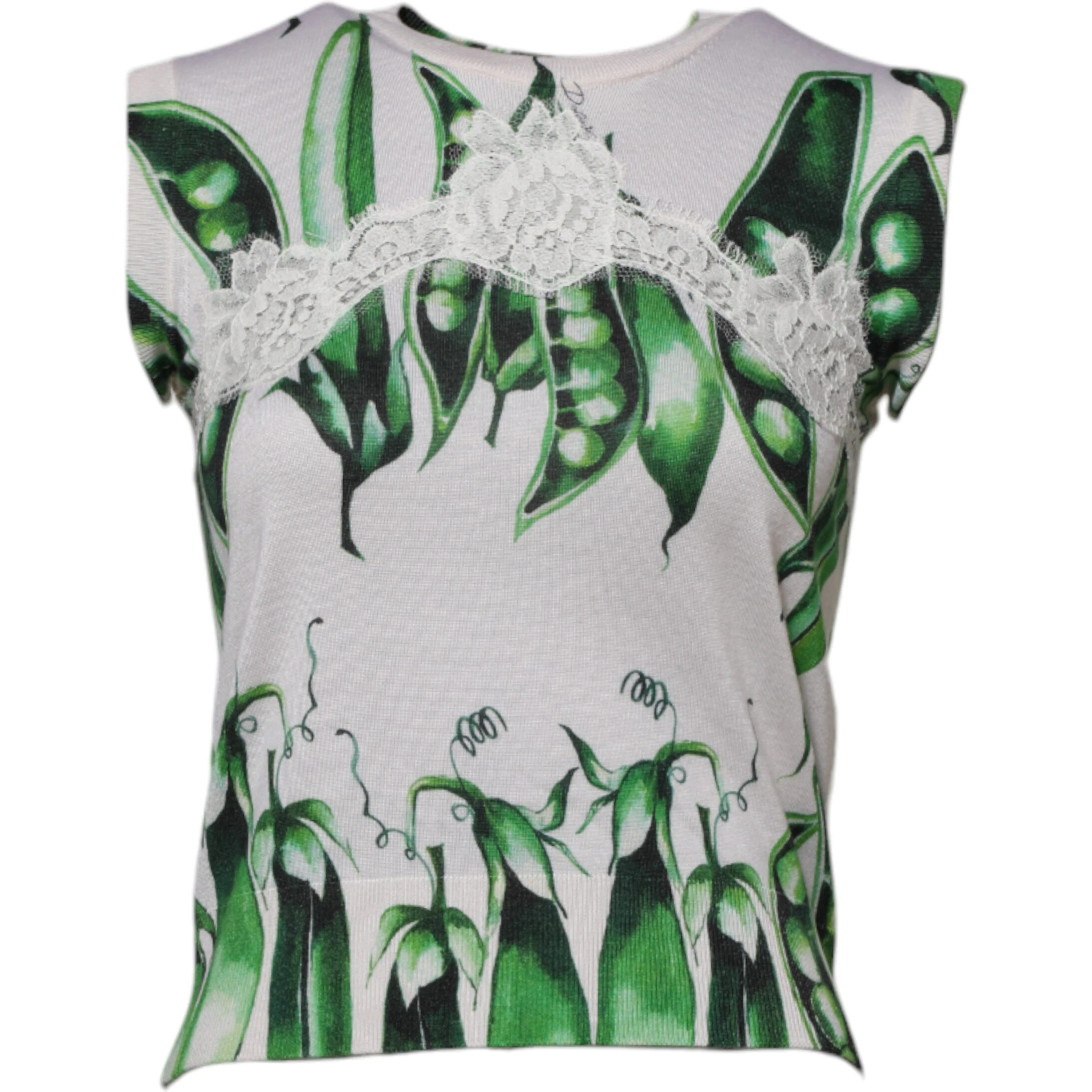 White Green Pea Print Sleeveless Blouse Top