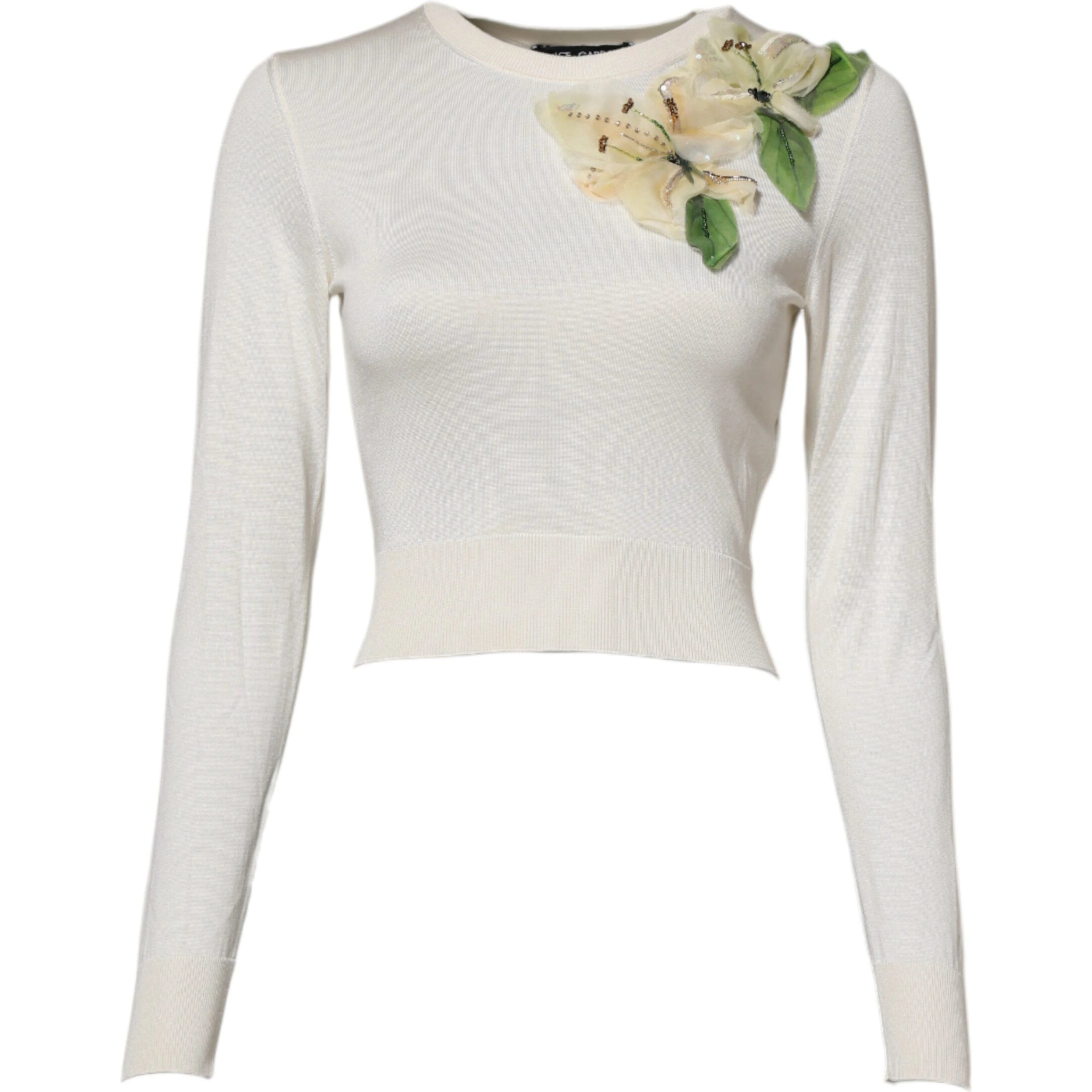 White Silk Lily Embellished Pullover Sweater