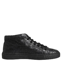 Black Leather Lace Up Mid Top Sneakers Shoes