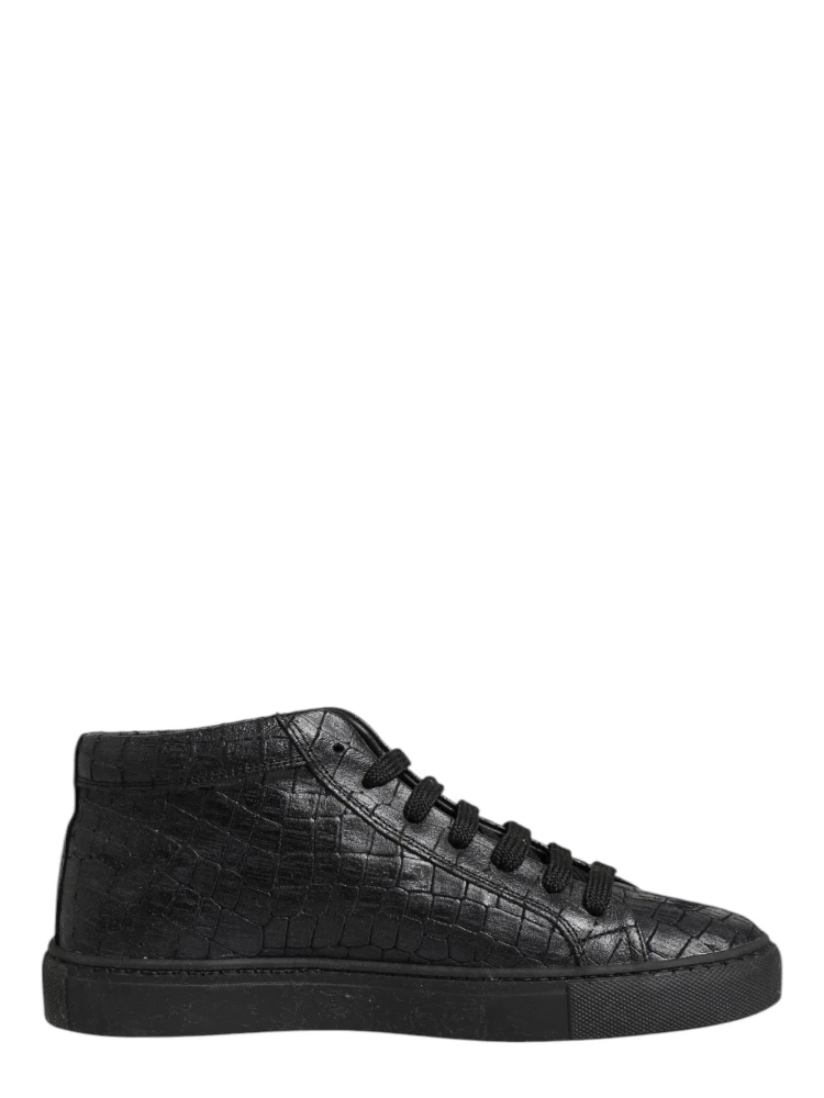 Black Leather Lace Up Mid Top Sneakers Shoes