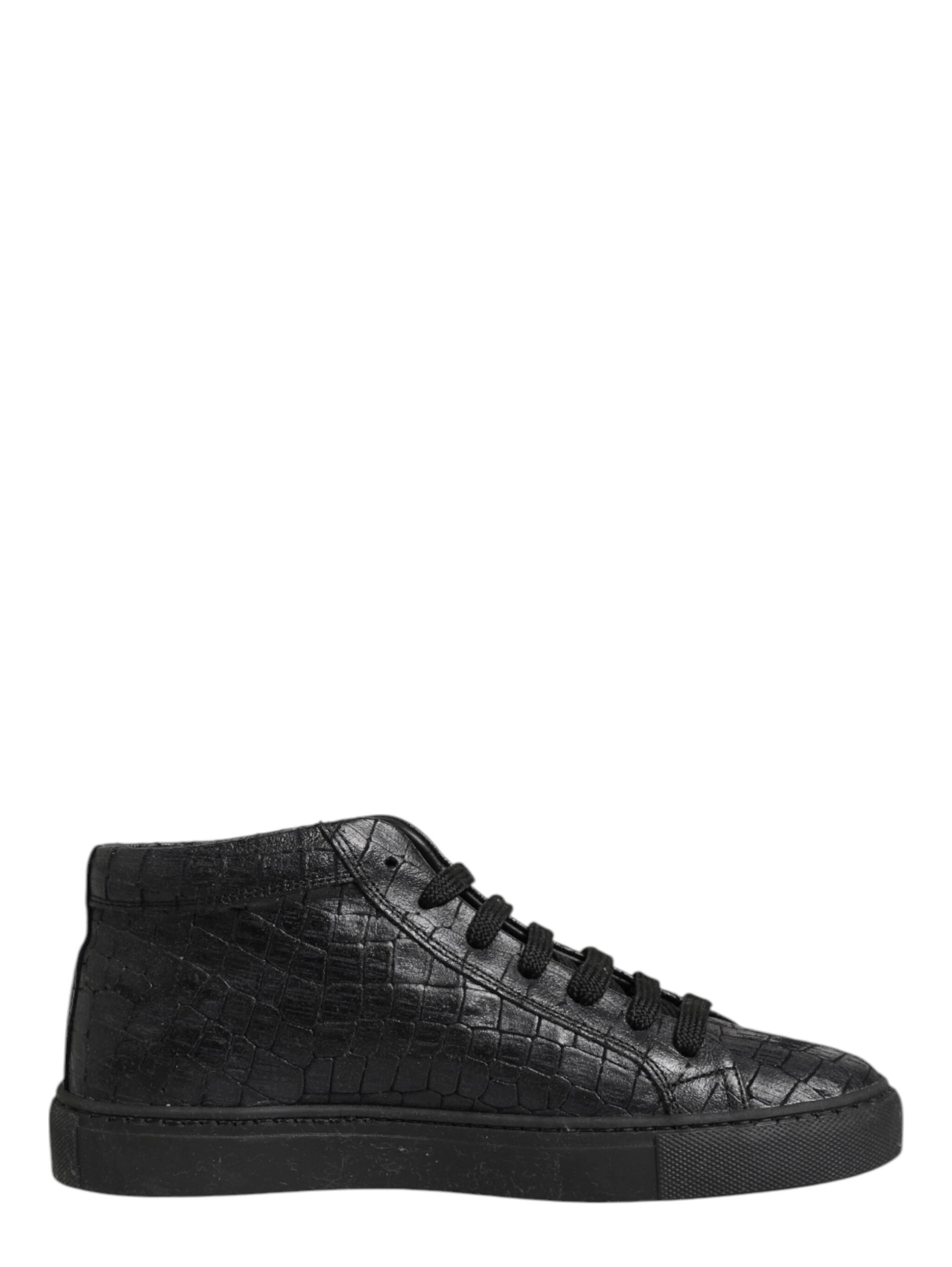 Black Leather Lace Up Mid Top Sneakers Shoes