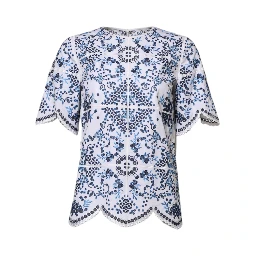 Blue Lace Eyelet Crew Neck Blouse Top