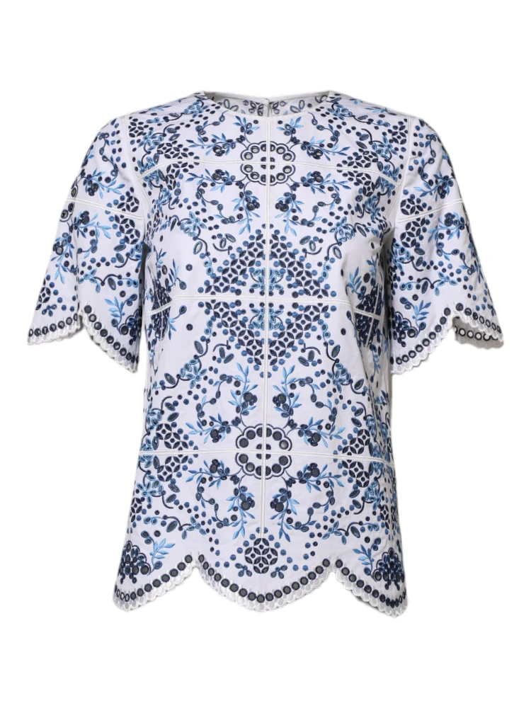 Blue Lace Eyelet Crew Neck Blouse Top