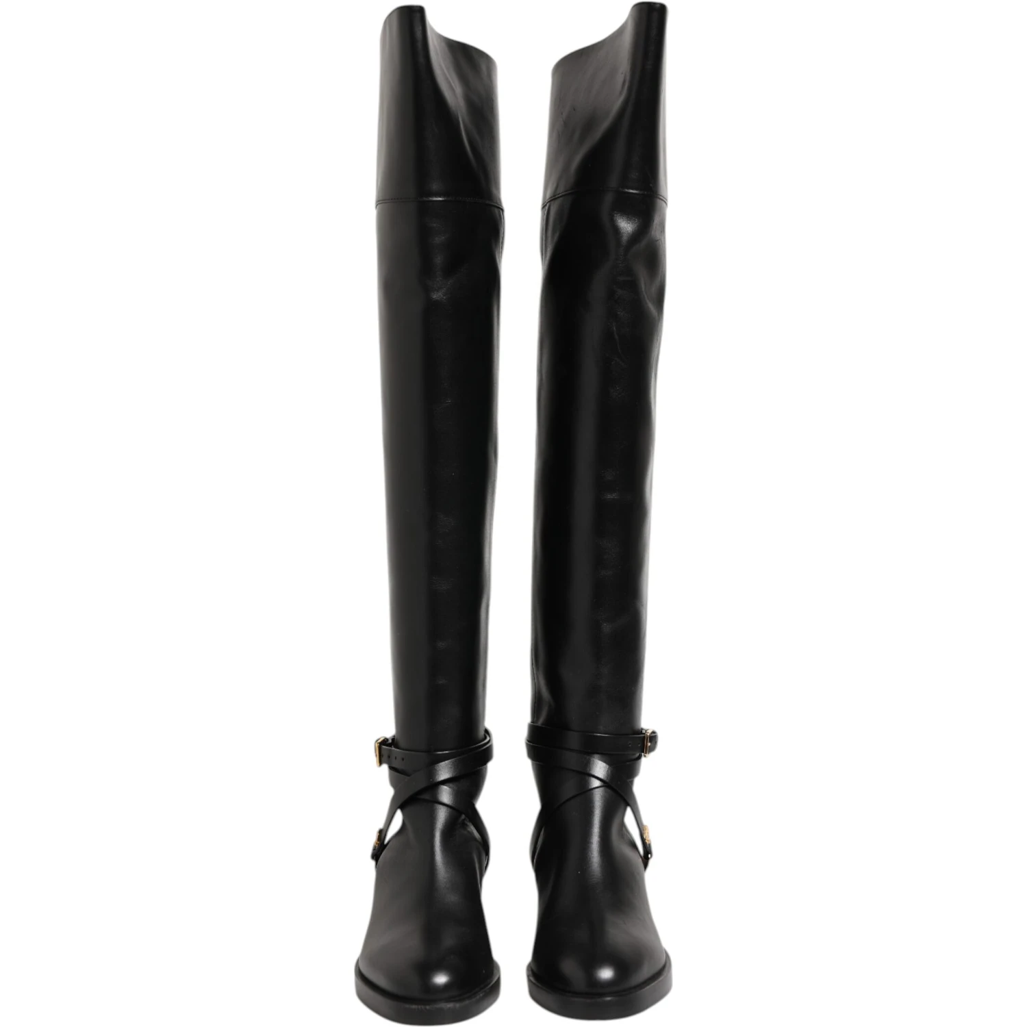 Black Leather Buckled High Boots Shoes