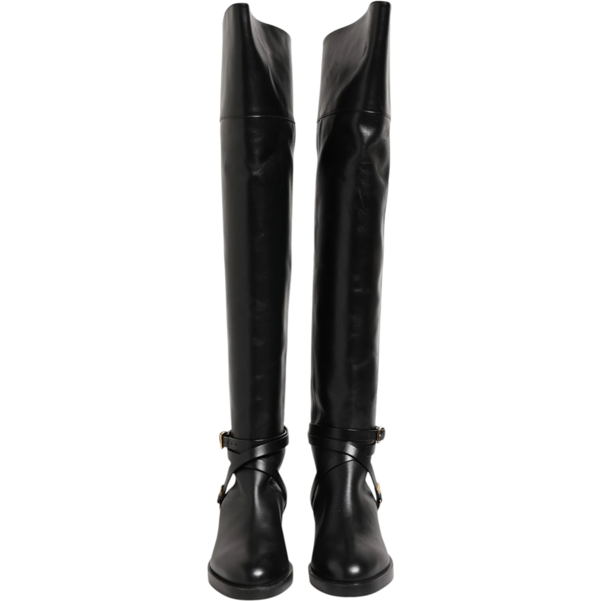 Black Leather Buckled High Boots Shoes