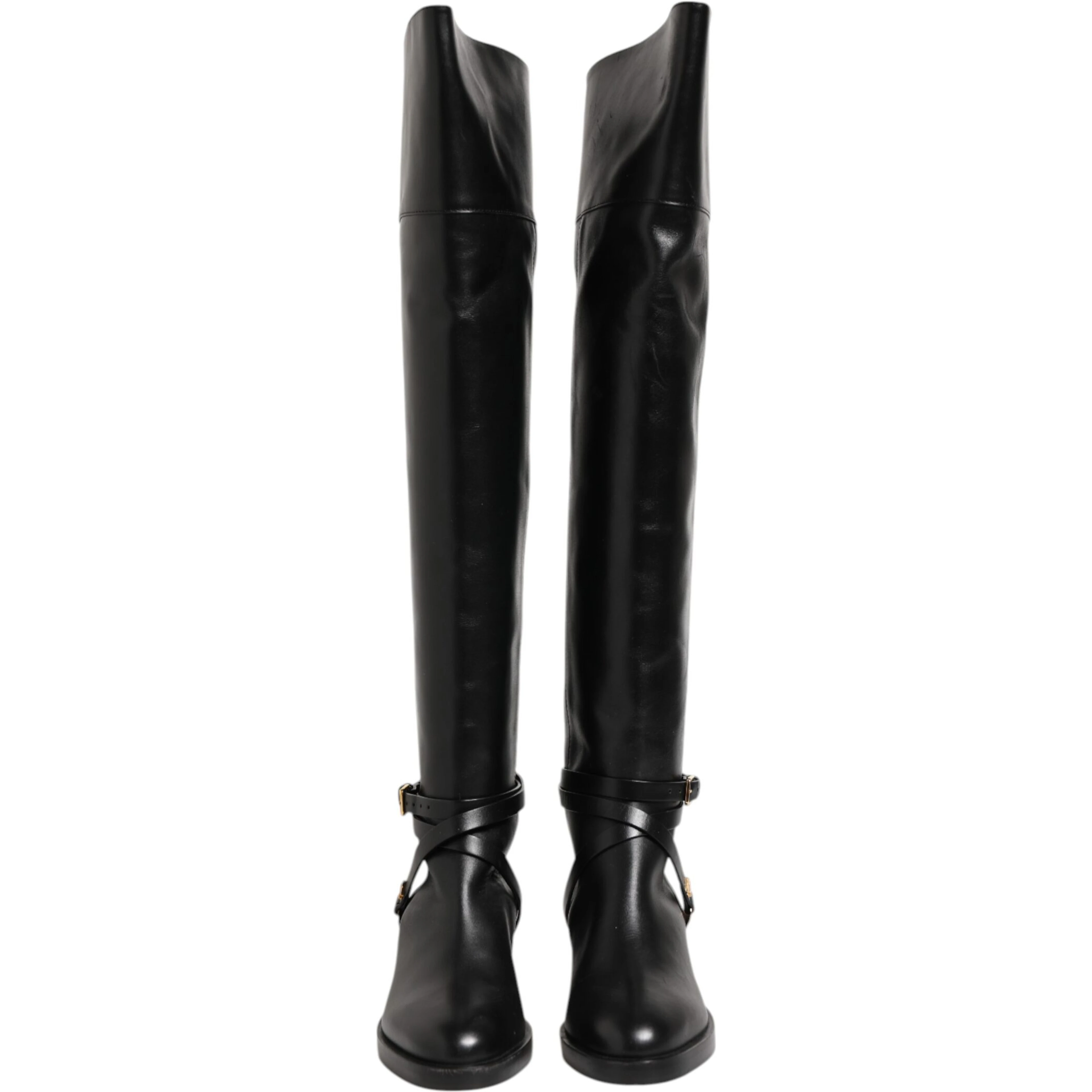 Black Leather Buckled High Boots Shoes