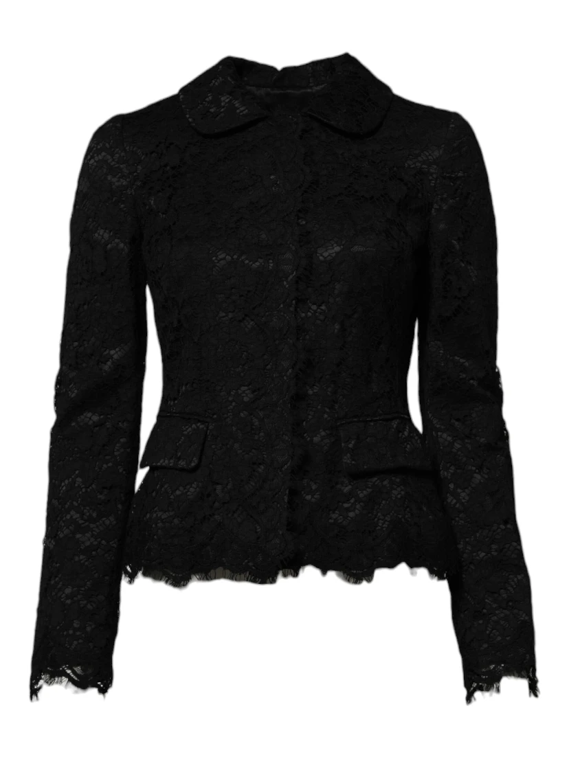 Black Floral Lace Cotton Collared Jacket