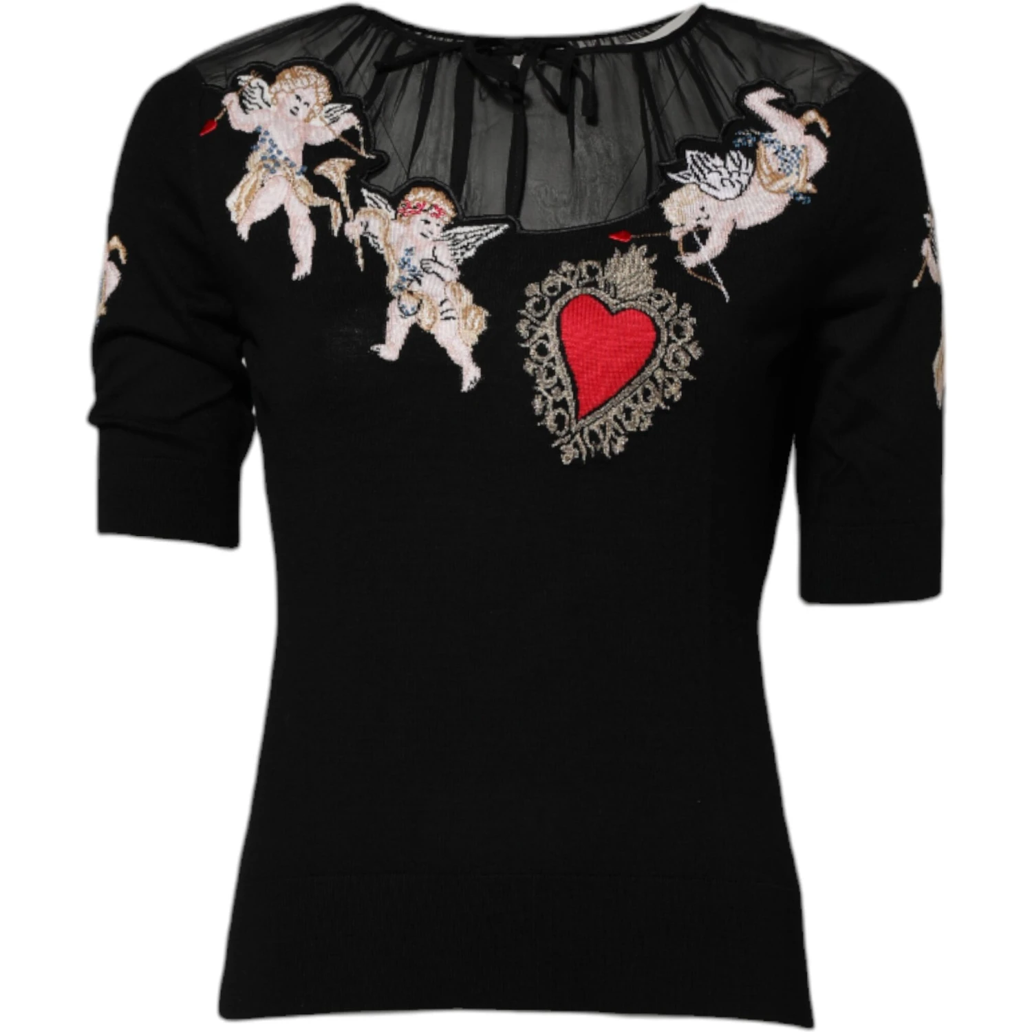 Black Sacred Heart Embroidered Crewneck Top