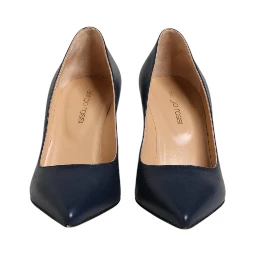 Blue Leather Pointed Toe Block Heels Shoes