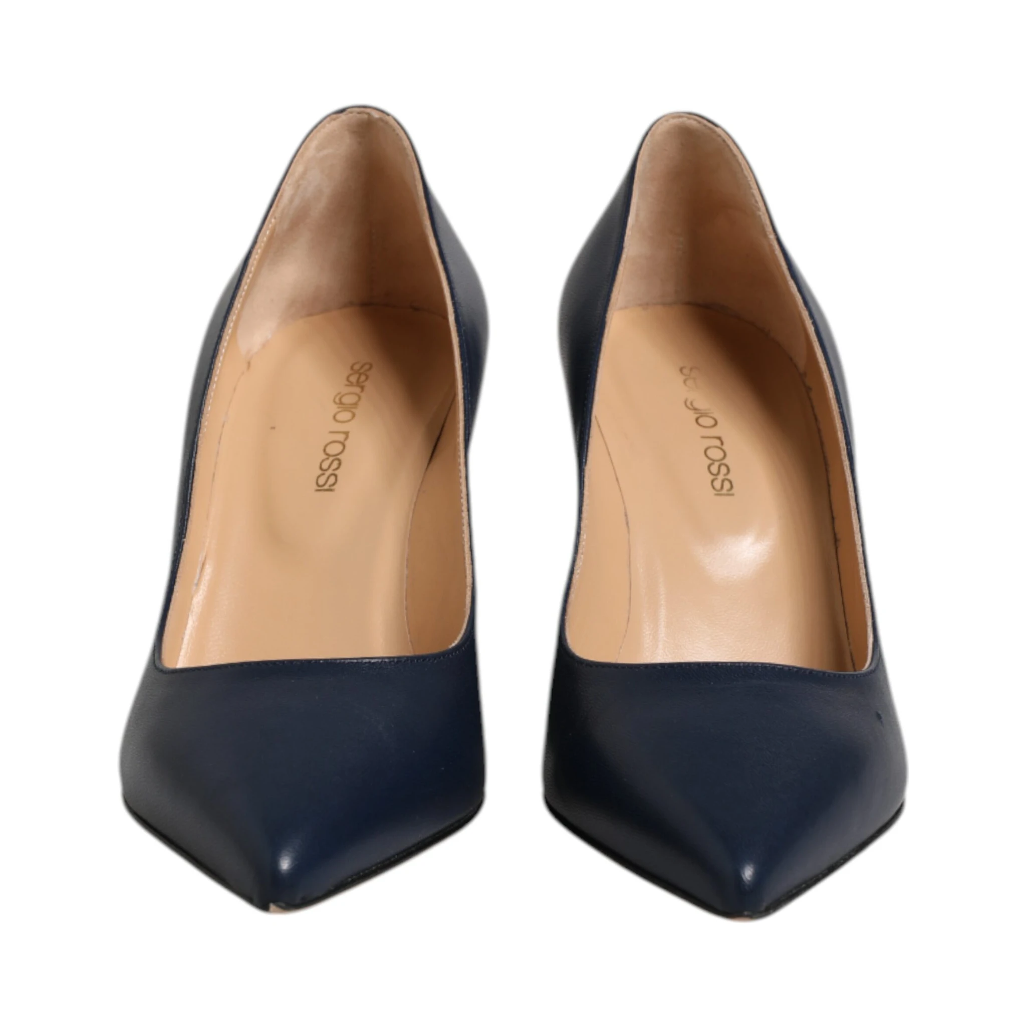 Blue Leather Pointed Toe Block Heels Shoes