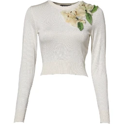 White Silk Lily Embellished Pullover Sweater
