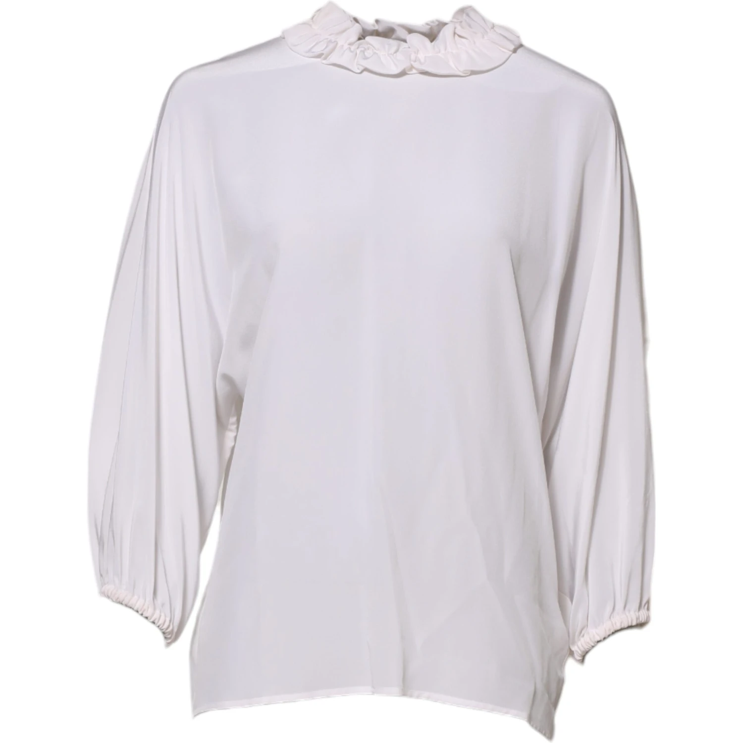 White Ruffled Neckline Blouse Pullover Top