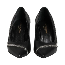 White Black Leather Pointed Toe Heels Shoes