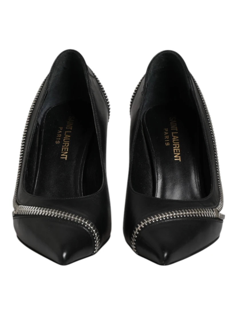 White Black Leather Pointed Toe Heels Shoes