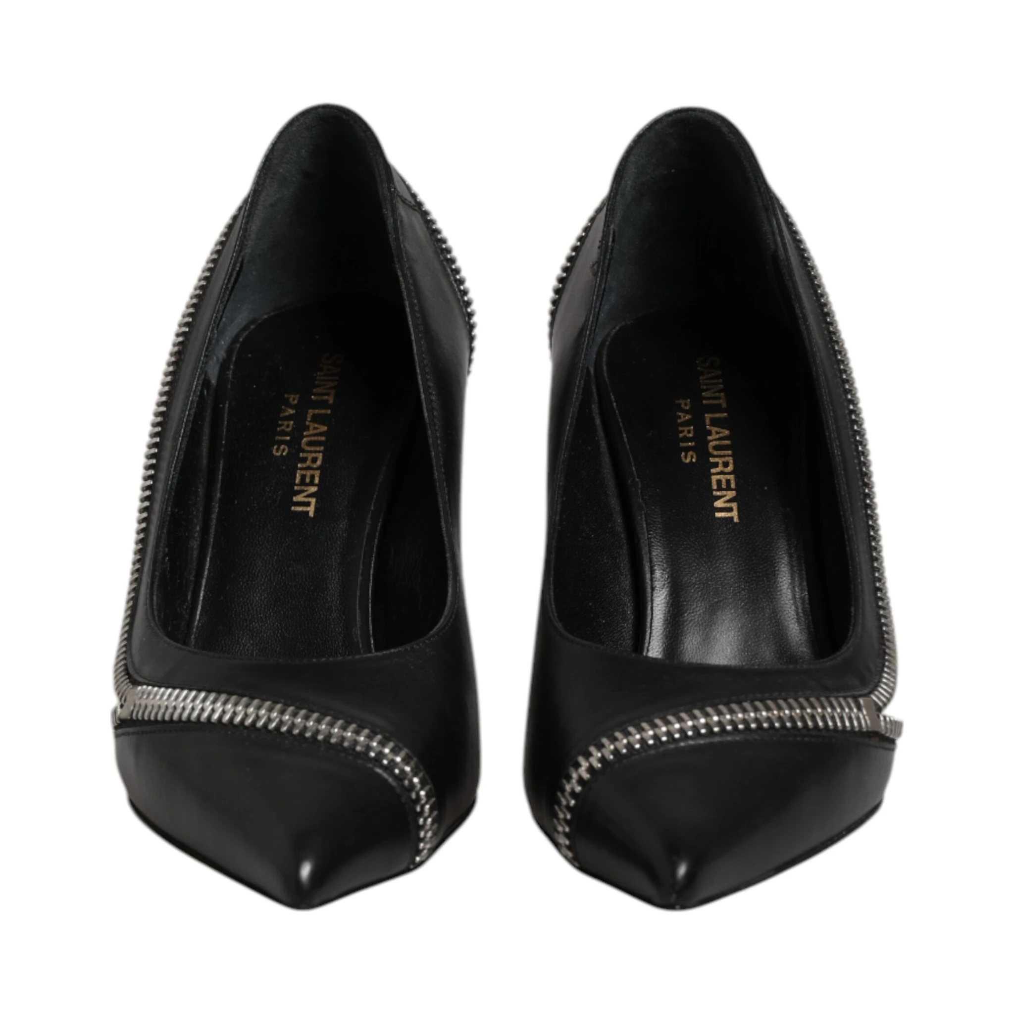 White Black Leather Pointed Toe Heels Shoes