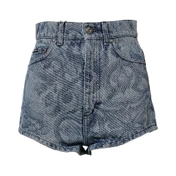 Blue Floral Print Denim Cotton Hot Pants Shorts
