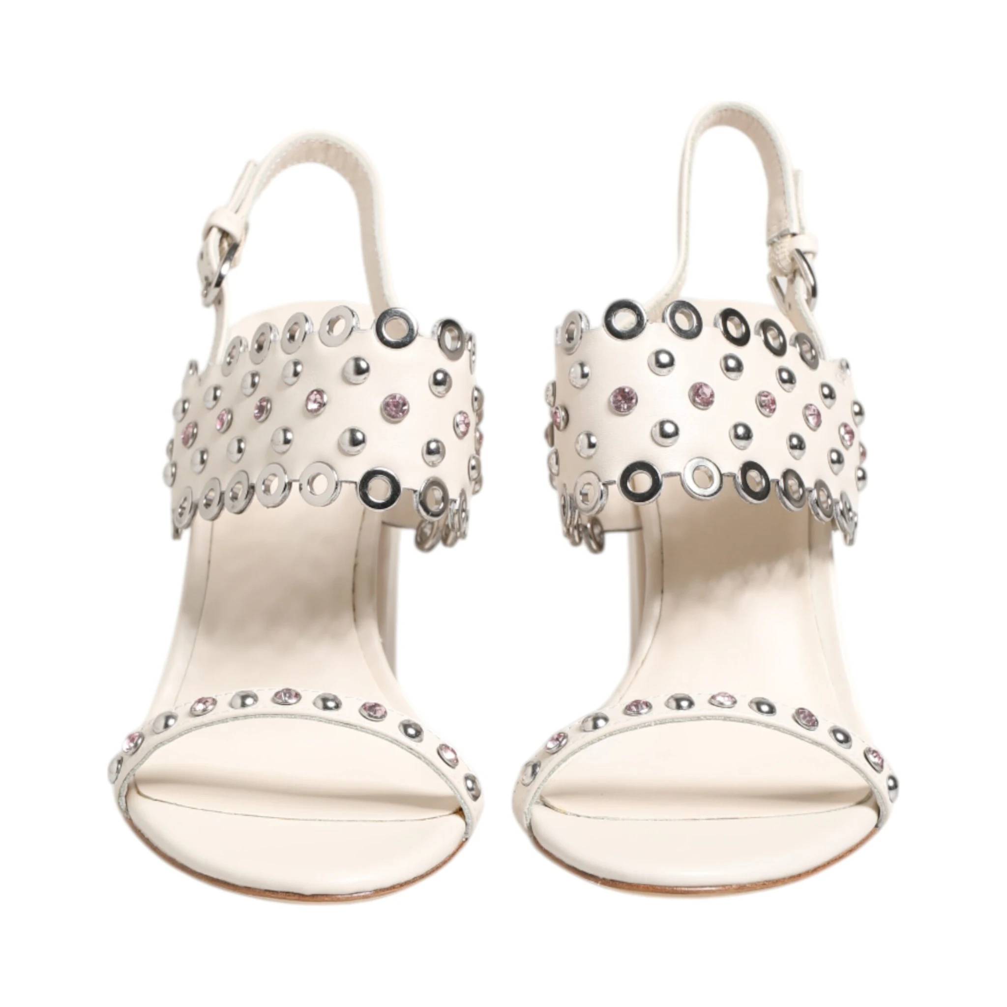 White Block Heeled Studded Quarter Strap Sandals Shoes