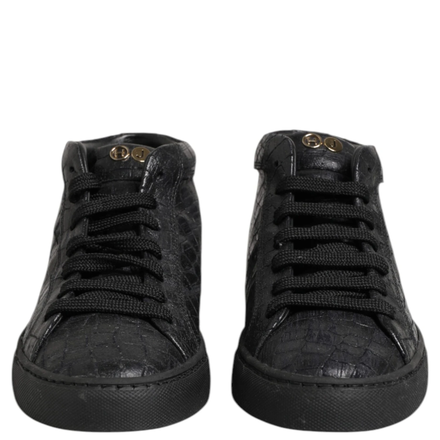 Black Leather Lace Up Mid Top Sneakers Shoes