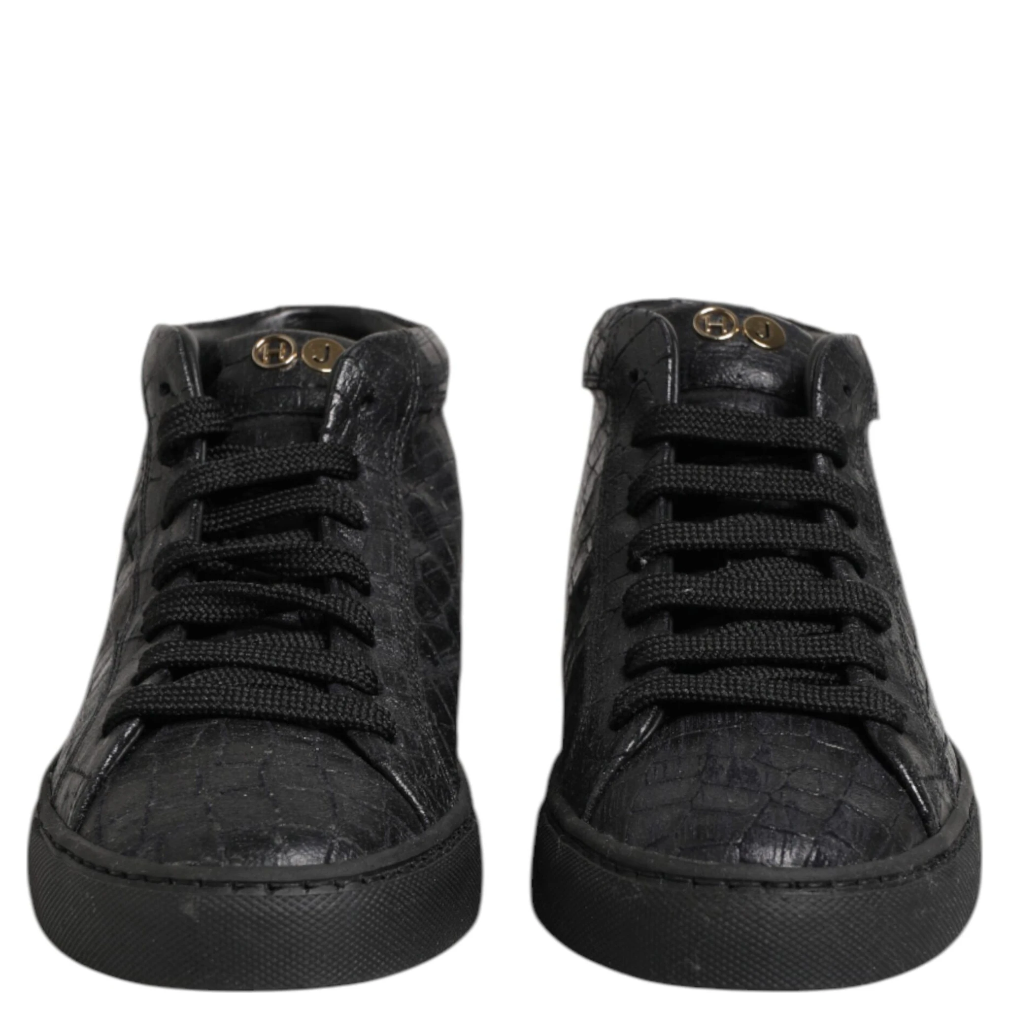 Black Leather Lace Up Mid Top Sneakers Shoes