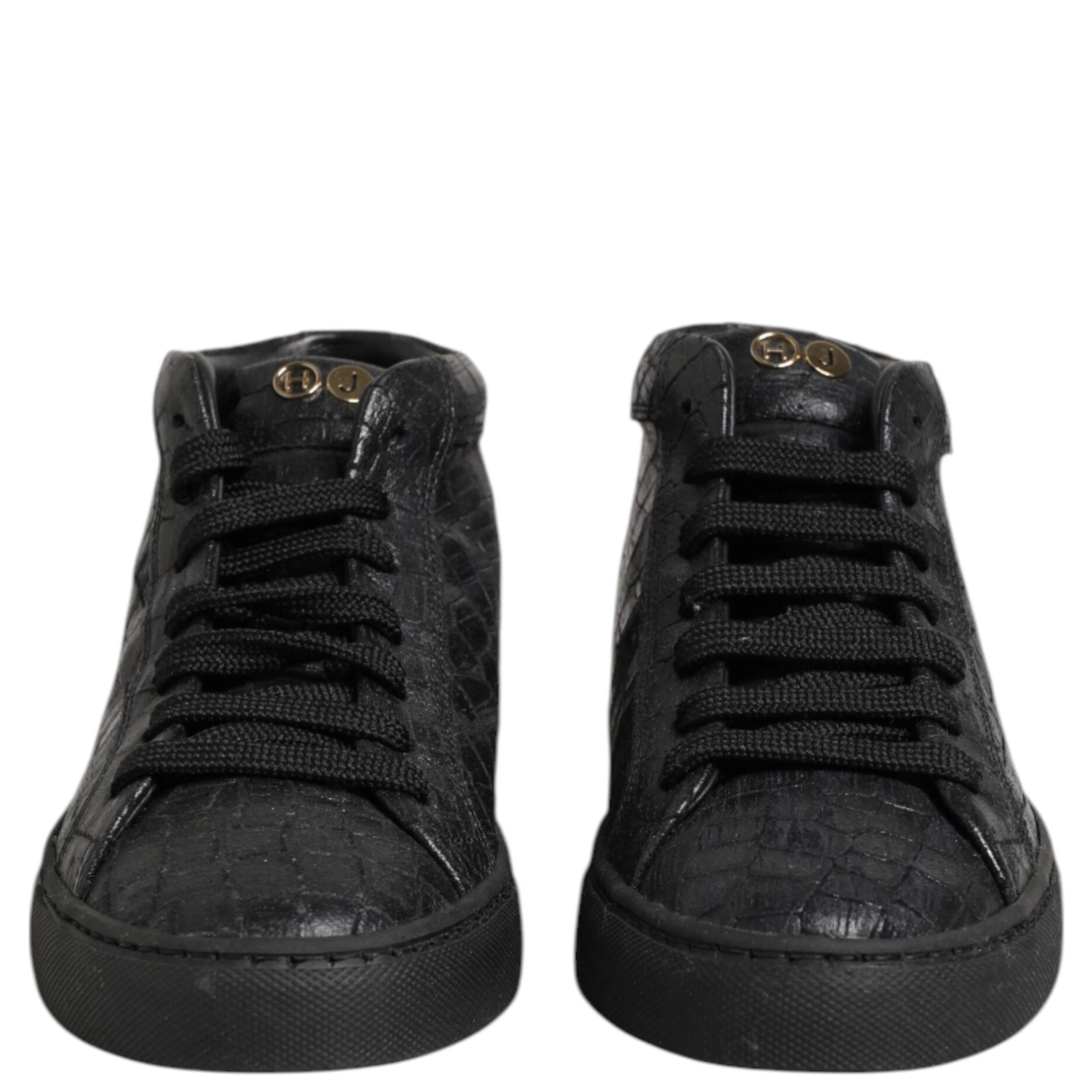 Black Leather Lace Up Mid Top Sneakers Shoes
