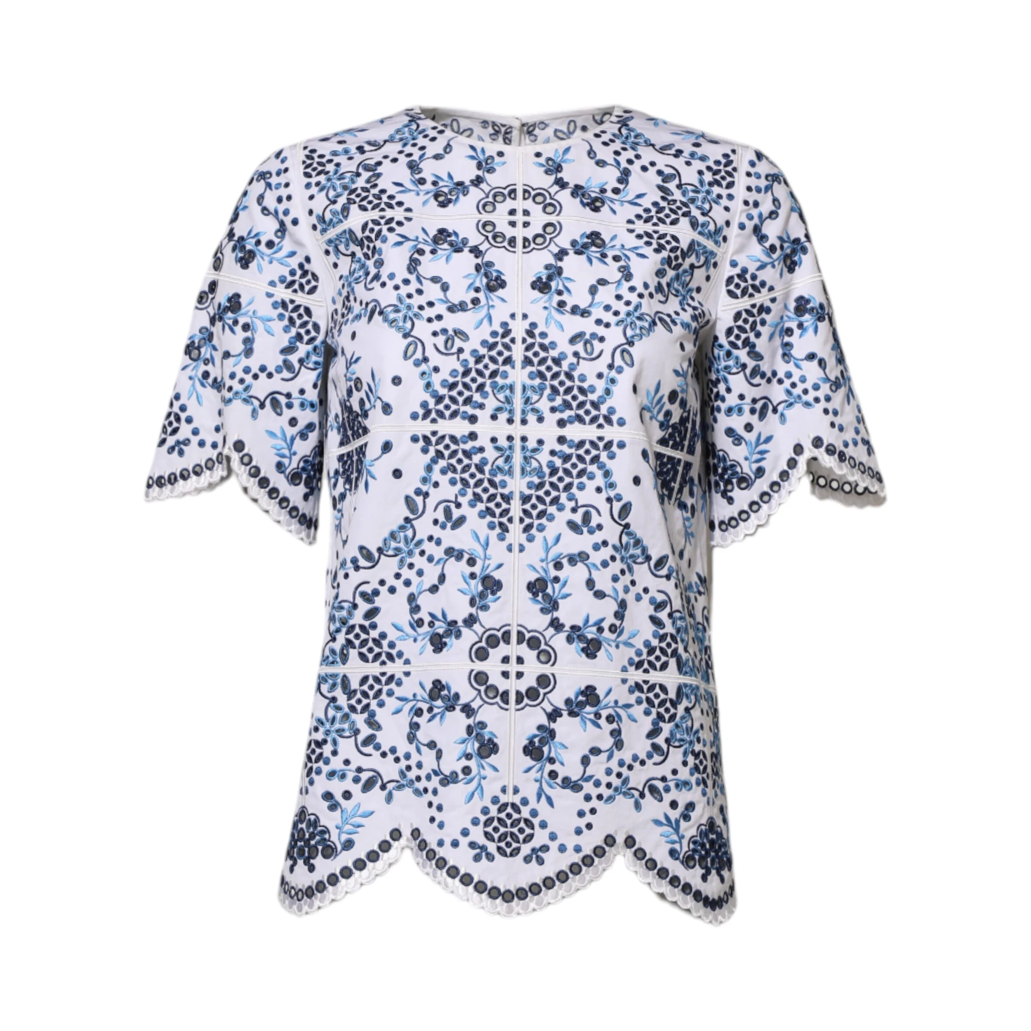 Blue Lace Eyelet Crew Neck Blouse Top