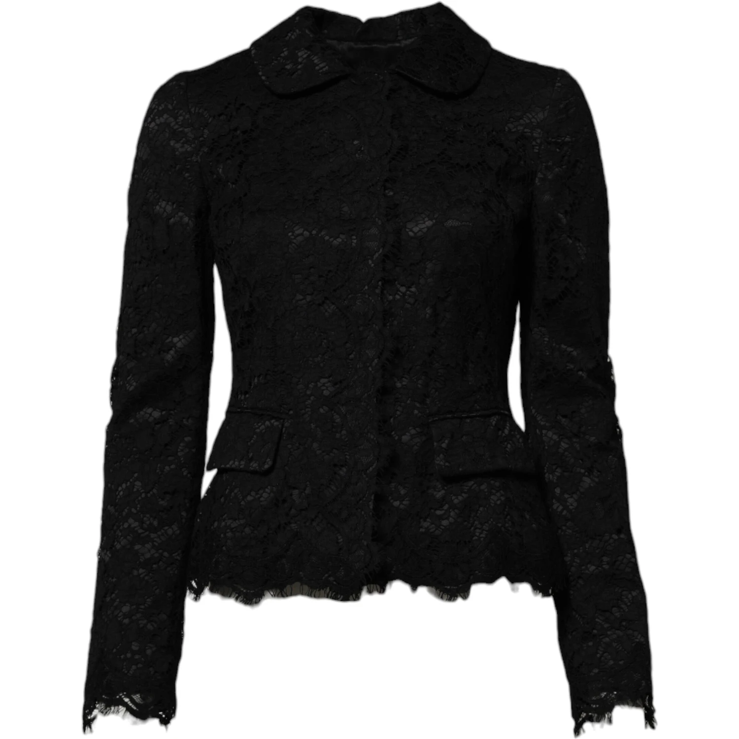 Black Floral Lace Cotton Collared Jacket
