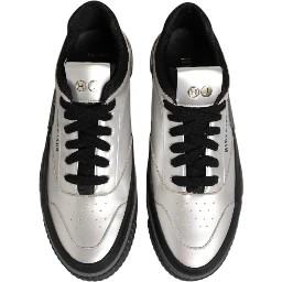 Silver Leather Lace Up Low Top Sneakers Shoes