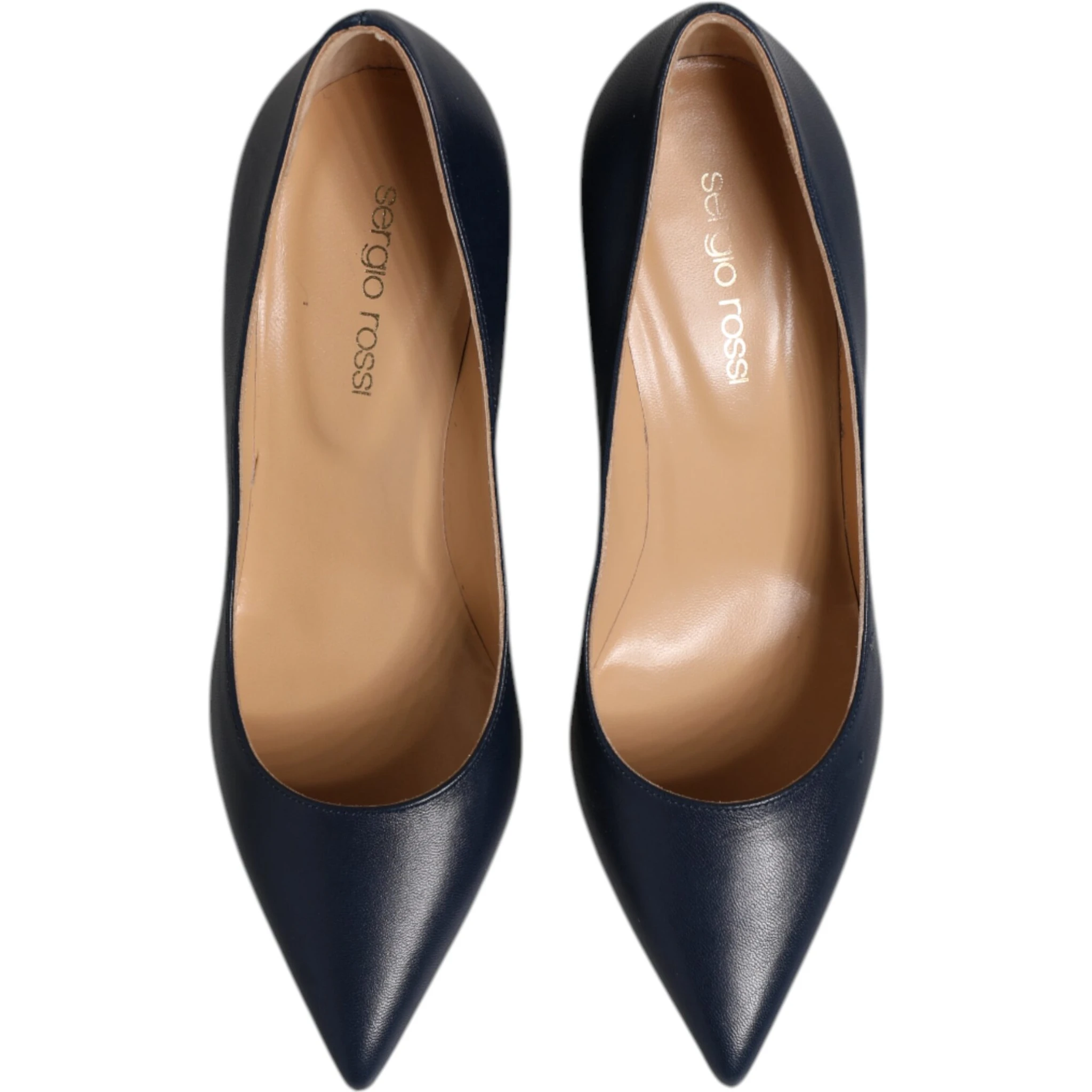 Blue Leather Pointed Toe Block Heels Shoes