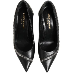 White Black Leather Pointed Toe Heels Shoes