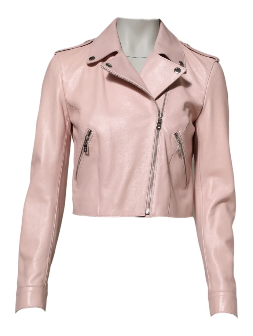 Light Pink Collar Leather Women Biker Jacket