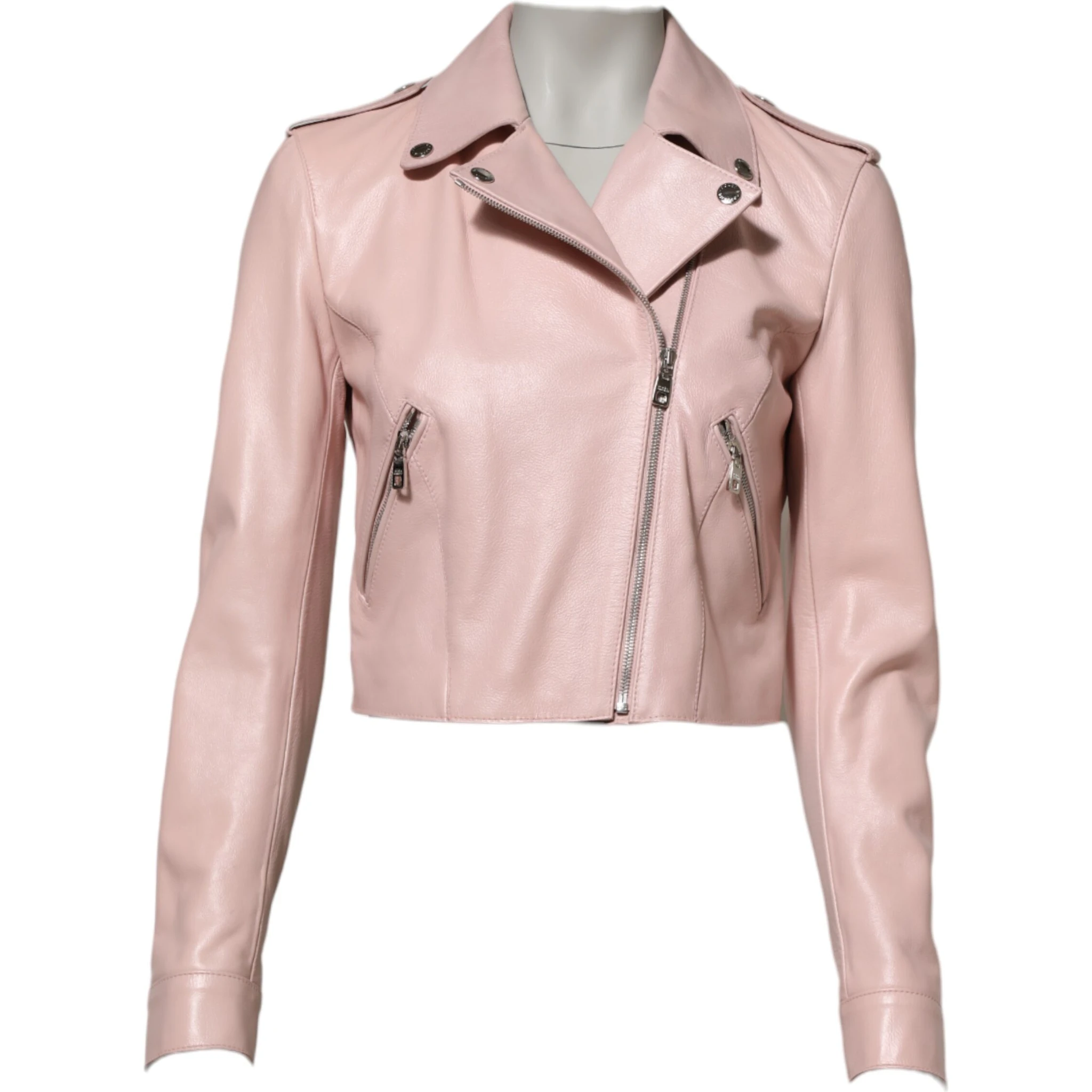 Light Pink Collar Leather Women Biker Jacket