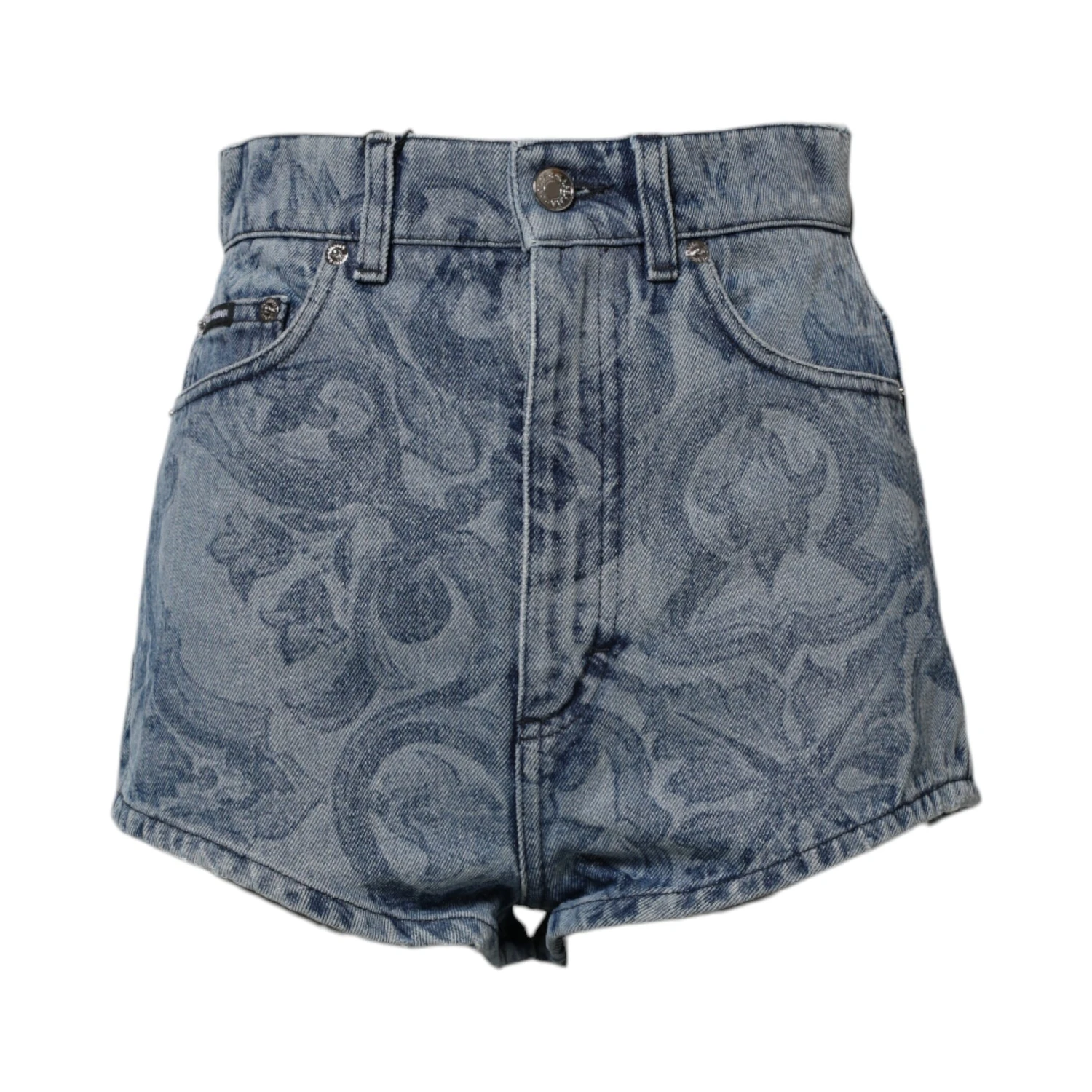 Blue Floral Print Denim Cotton Hot Pants Shorts