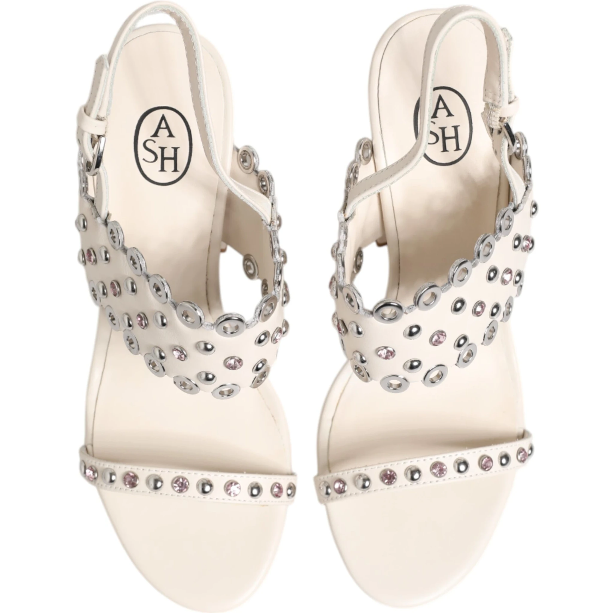White Block Heeled Studded Quarter Strap Sandals Shoes