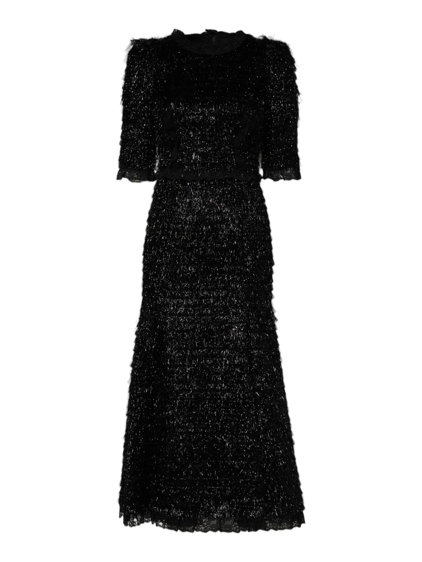 Metallic Black Polyester A-line Midi Dress