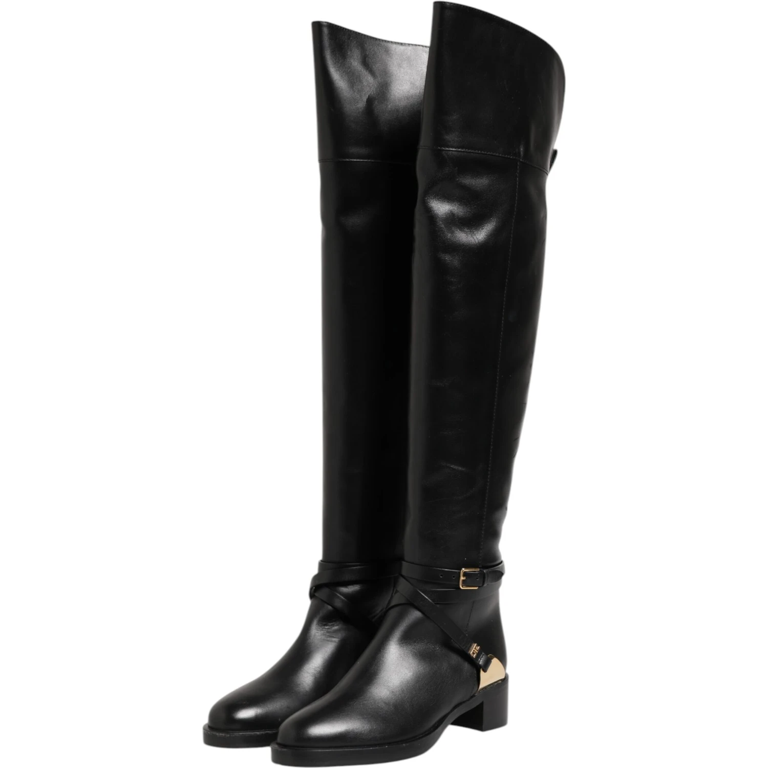 Black Leather Buckled High Boots Shoes