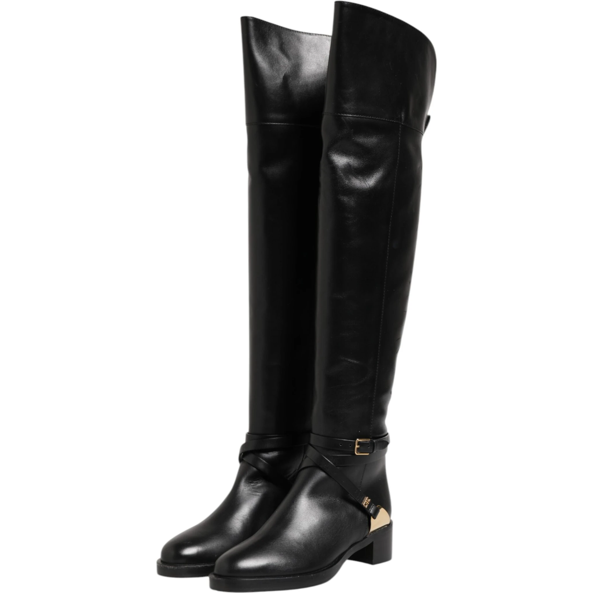Black Leather Buckled High Boots Shoes