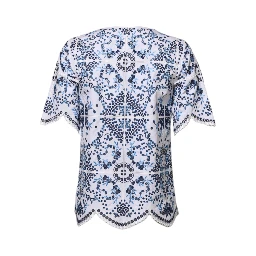 Blue Lace Eyelet Crew Neck Blouse Top