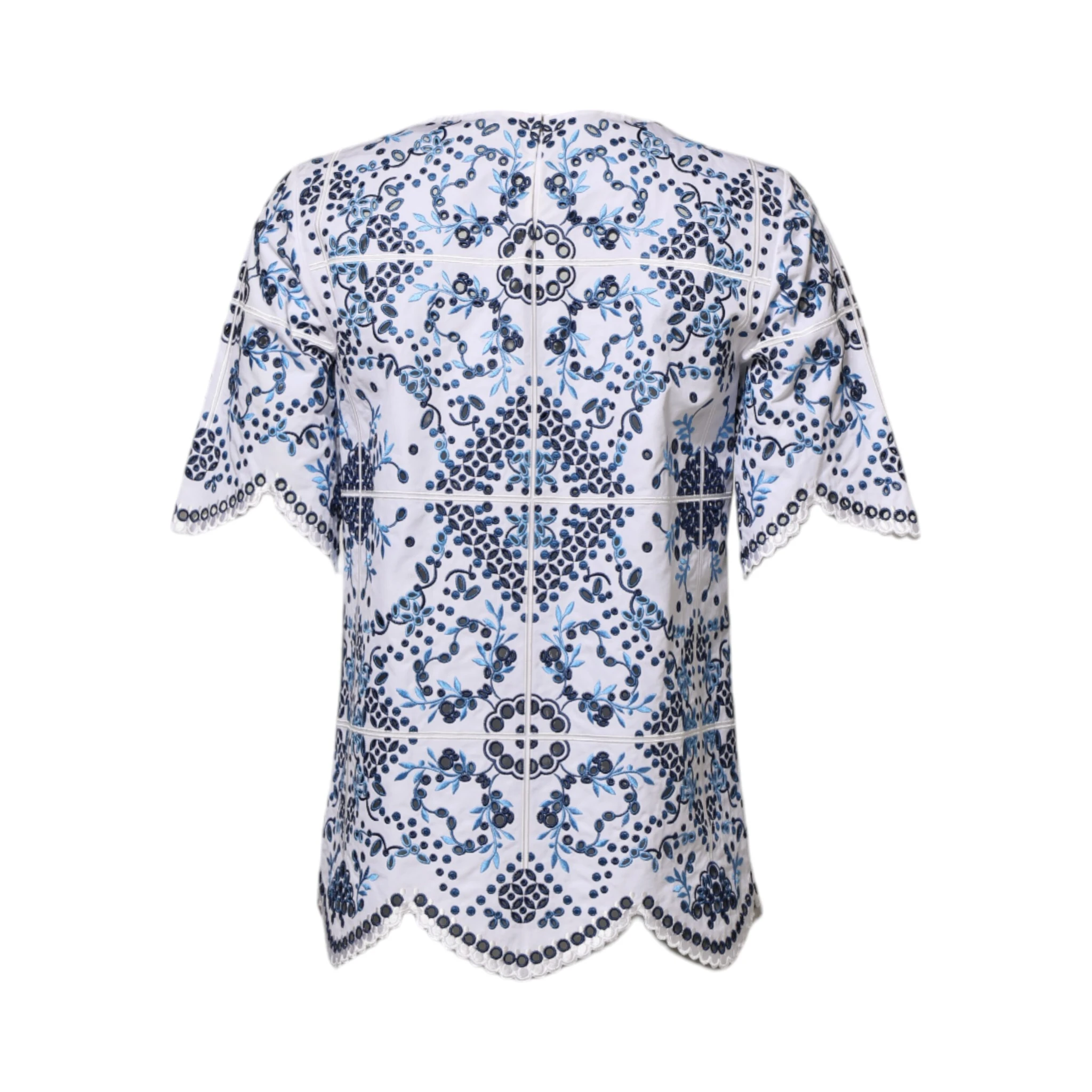 Blue Lace Eyelet Crew Neck Blouse Top