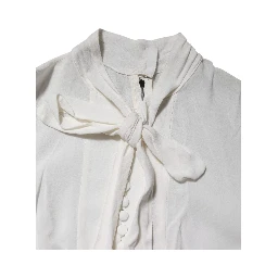 White Viscose Ascot Collar Long Sleeves Top