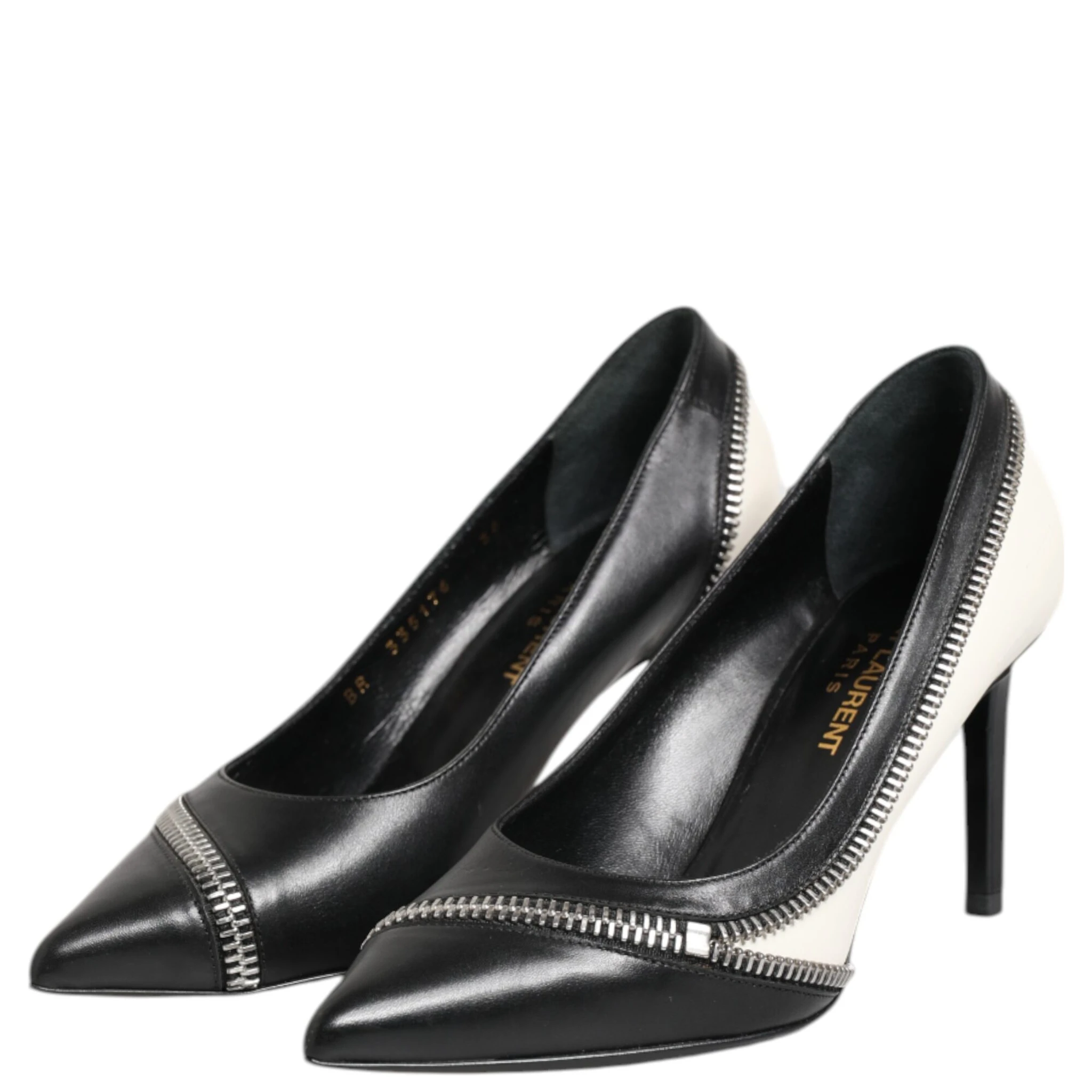 White Black Leather Pointed Toe Heels Shoes