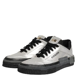 Silver Leather Lace Up Low Top Sneakers Shoes