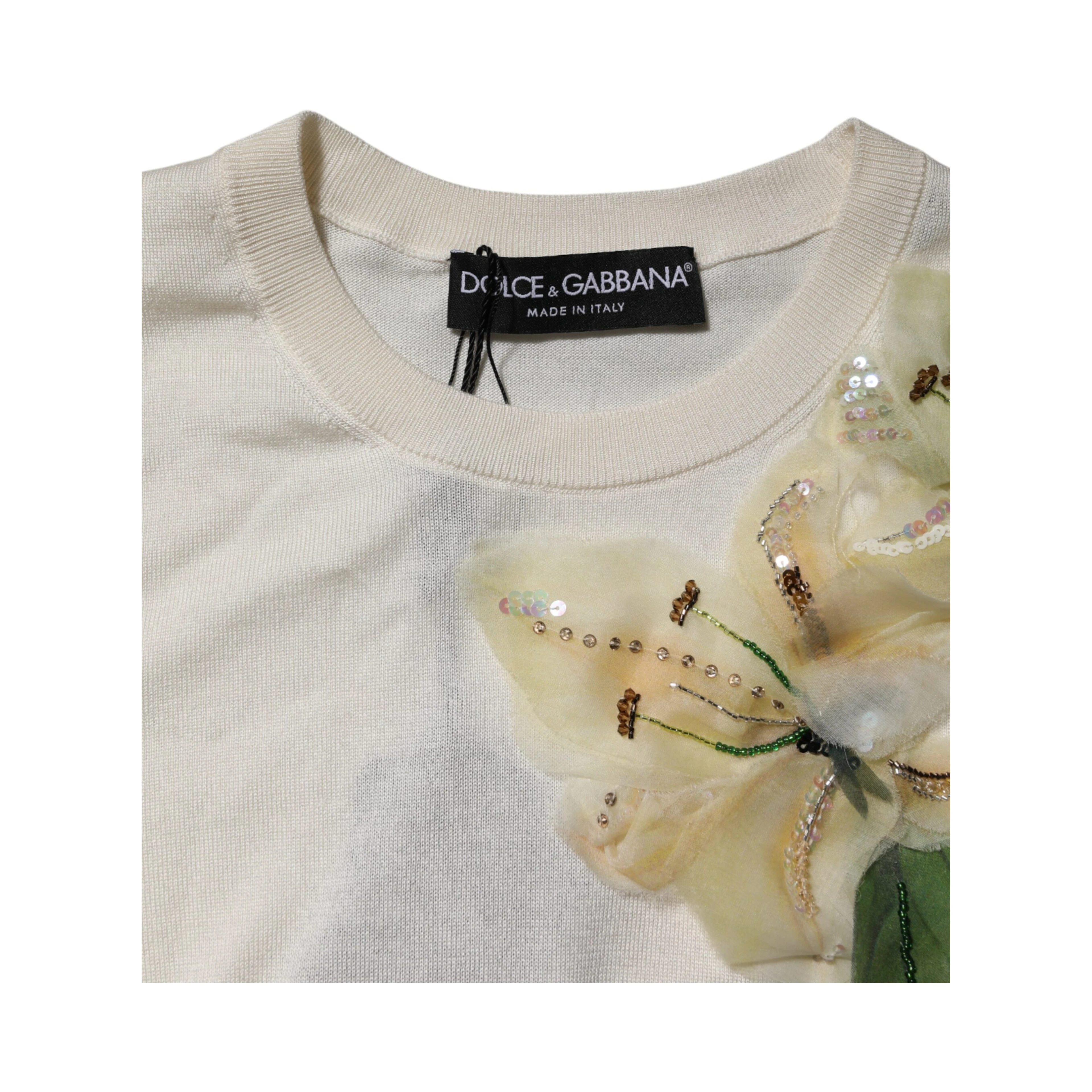 White Silk Lily Embellished Pullover Sweater