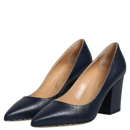 Blue Leather Pointed Toe Block Heels Shoes