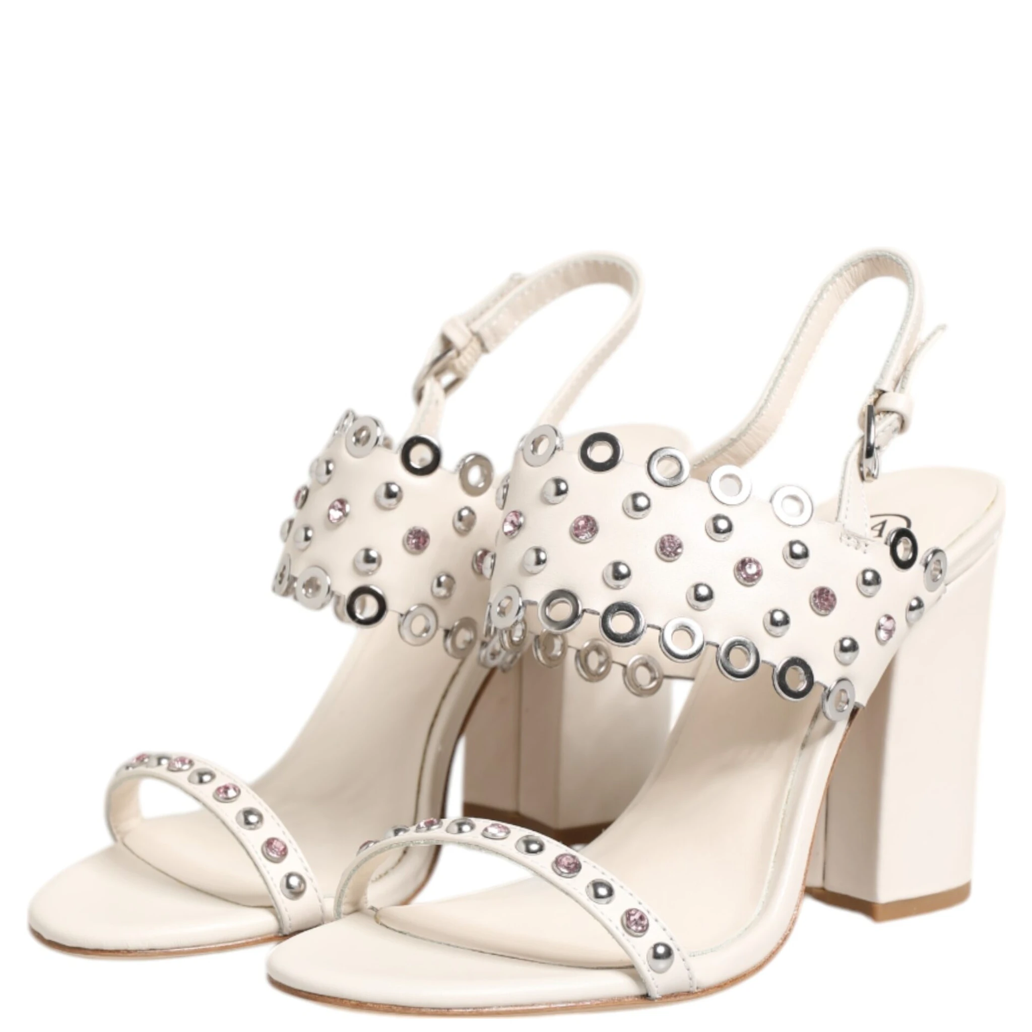 White Block Heeled Studded Quarter Strap Sandals Shoes