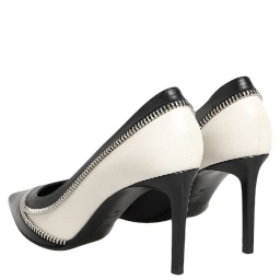 White Black Leather Pointed Toe Heels Shoes
