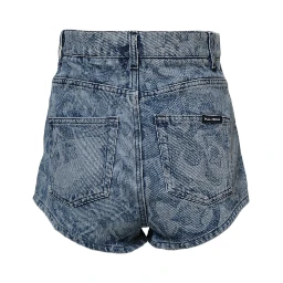 Blue Floral Print Denim Cotton Hot Pants Shorts