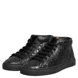 Black Leather Lace Up Mid Top Sneakers Shoes