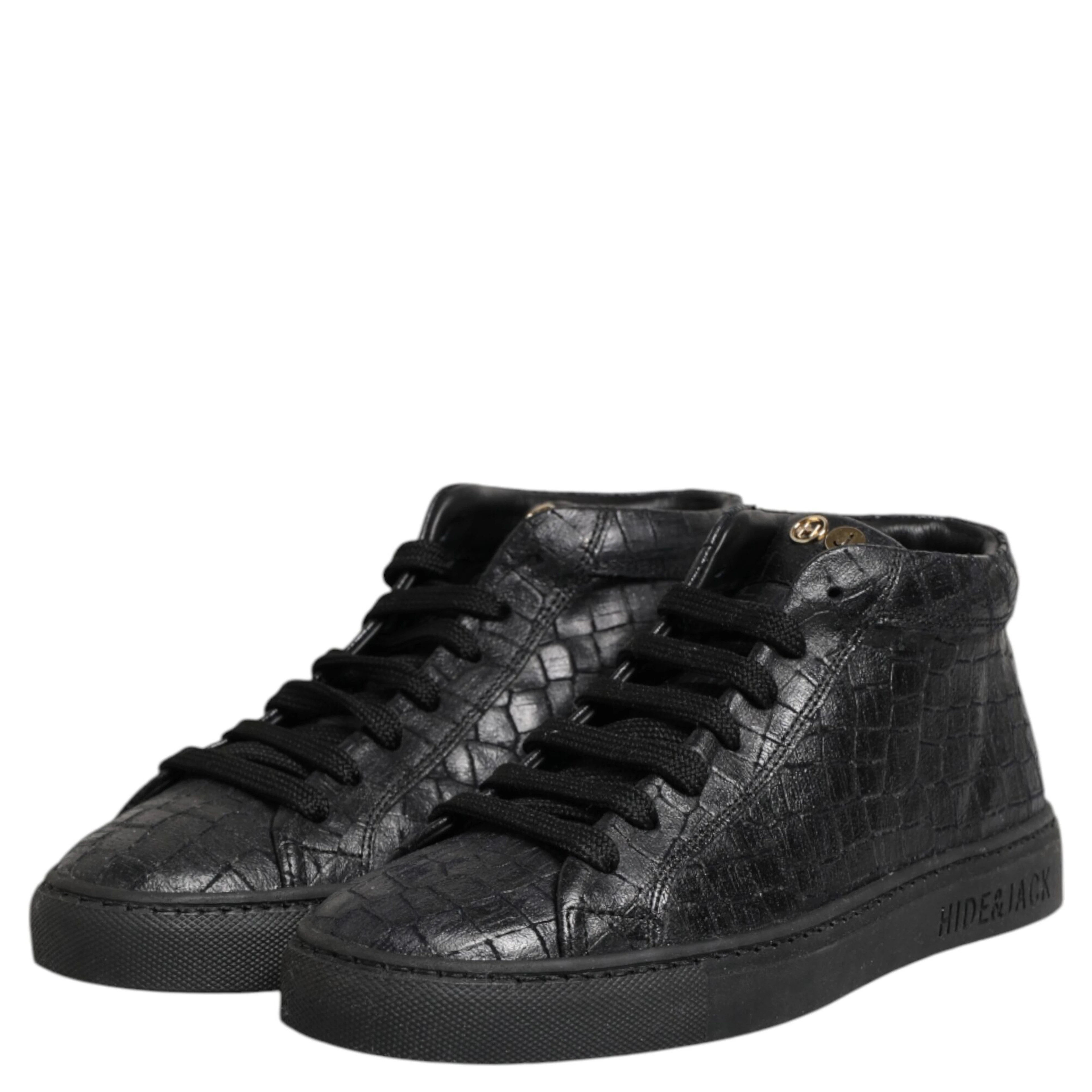 Black Leather Lace Up Mid Top Sneakers Shoes