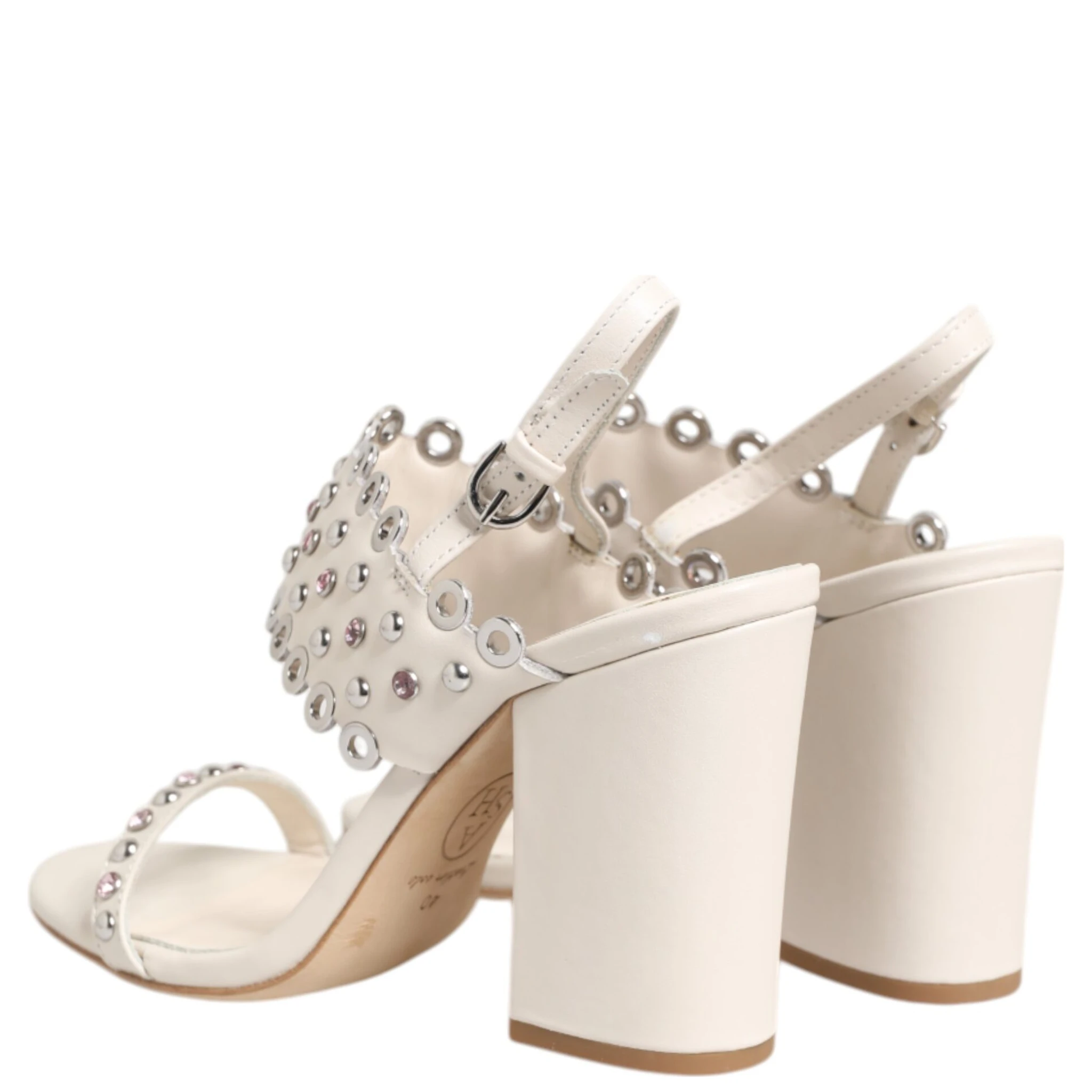 White Block Heeled Studded Quarter Strap Sandals Shoes